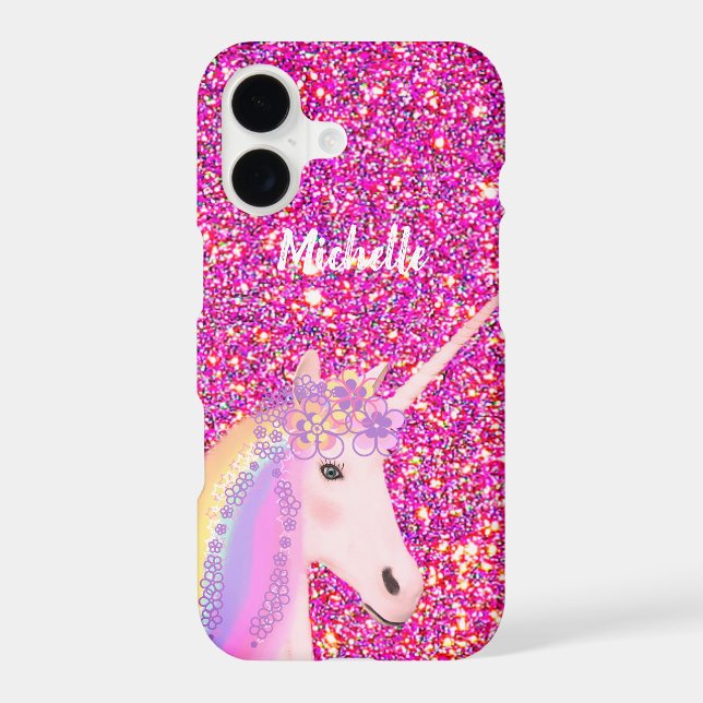 Kids Pink Glitter Unicorn Personalised iPhone Case (Back)