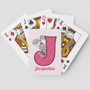 Kid's Pink Jackrabbit Monogram Letter J and Name Playing Cards