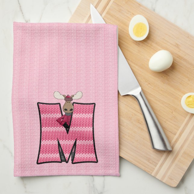 Kid's Pink Knit Print Monogram "M" Towel (Quarter Fold)