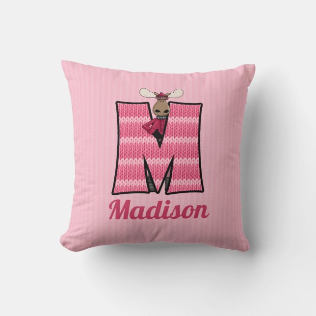 Kid's Pink Knit Print Moose Monogram Letter M Cushion (Front)