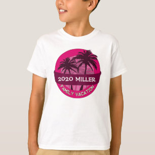 Kids pink palm tree custom name vacation tshirt