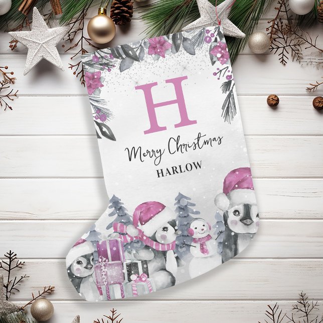 Kids Pink Penguin Monogram Name Small Christmas Stocking (Creator Uploaded)