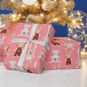 Kids' Pink Teddy Bear Cat Toy Pattern Wrapping Paper