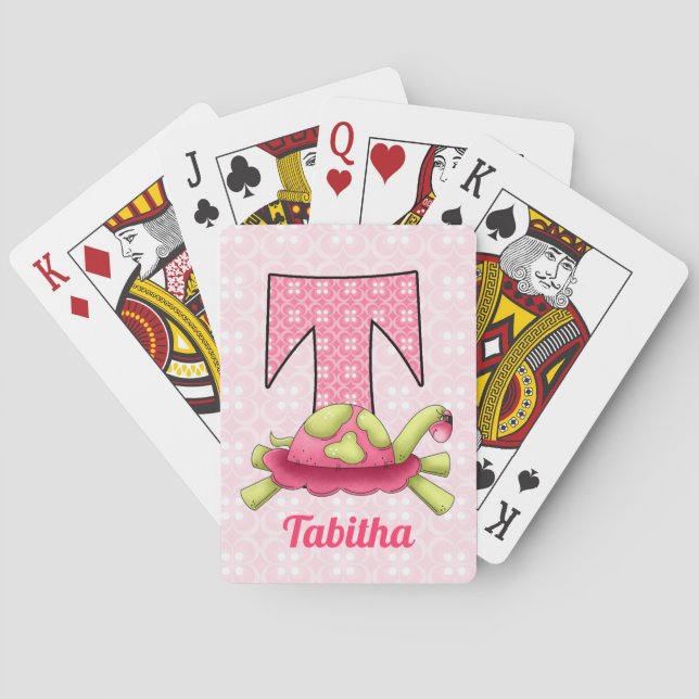 Kid's Pink Turtle Monogram Letter T and Name Playing Cards (Back)