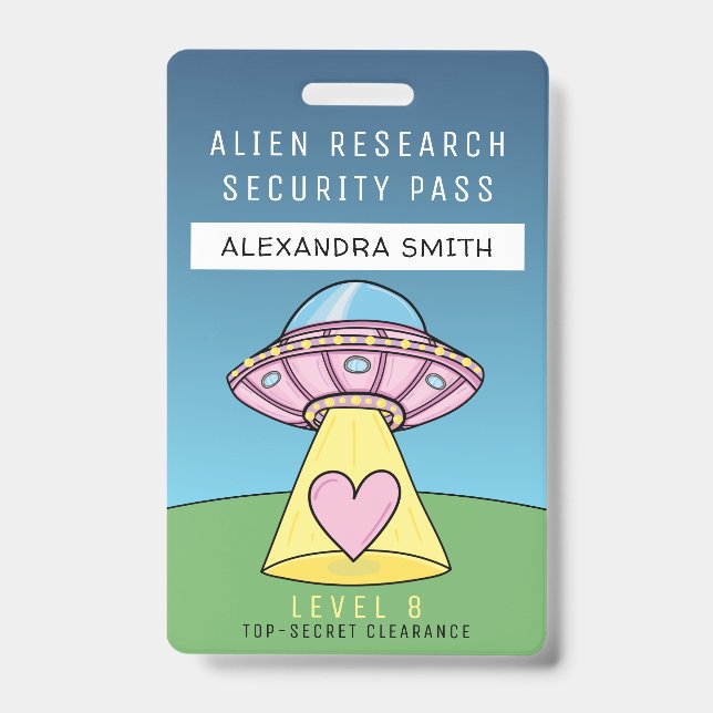Kids Pink UFO Party Alien Research Security Pass ID Badge (Front)