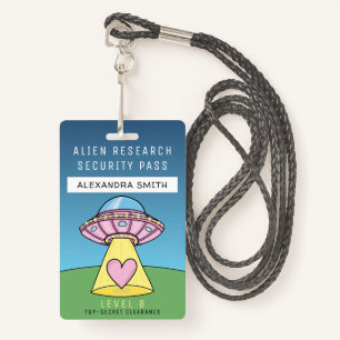 Kids Pink UFO Party Alien Research Security Pass ID Badge