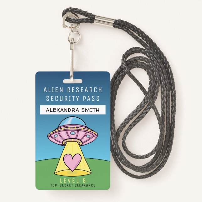 Kids Pink UFO Party Alien Research Security Pass ID Badge (Front with Lanyard)