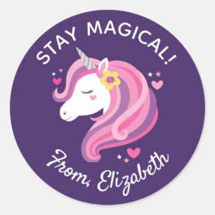 Kids Pink Unicorn Face Valentines Day Classroom Classic Round Sticker