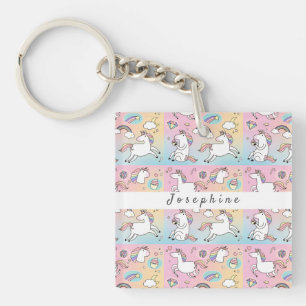 Kids Pink Unicorn Monogram Rainbow Star Key Ring