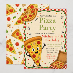 Kids Pizza Party 5th Birthday Celebration Invitation