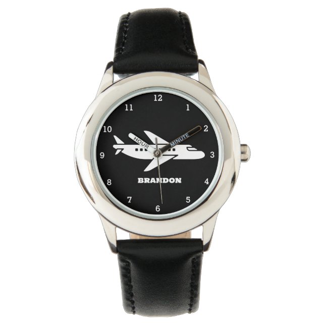 Kids Plane Boys Black Custom Name Watch (Front)