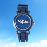 Kids Plane Boys Blue Custom Name<br><div class="desc">Blue,  plane,  aeroplane,  aircraft,  transport,  vehicle,  watch for kids. Custom,  Kids,  Name,  steel blue boys watch. Personalise it with your child's name.</div>