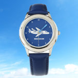Kids Plane Boys Blue Custom Name<br><div class="desc">Blue,  plane,  aeroplane,  aircraft,  transport,  vehicle,  watch for kids. Custom,  Kids,  Name,  steel blue boys watch. Personalise it with your child's name.</div>