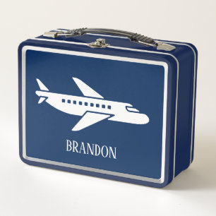 Kids Plane Boys Blue Custom Name Metal Lunch Box