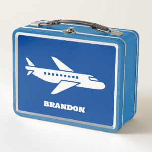 Kids Plane Boys Blue Custom Name Metal Lunch Box