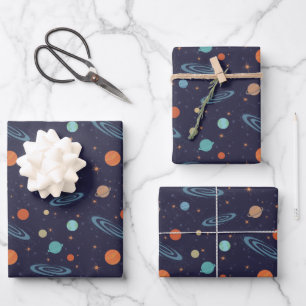 Kids Planets Solar System Galaxy Sparkling Stars Wrapping Paper Sheet