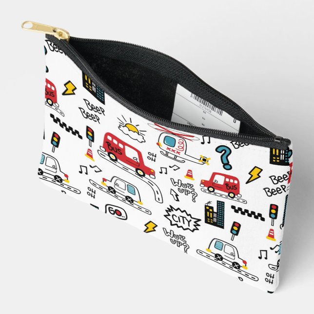 Kids Playful Transport Pattern  Accessory Pouch (Open)