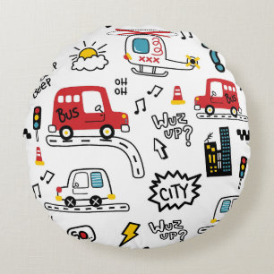 Kids Playful Transport Pattern  Round Cushion