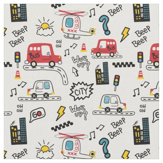 Kids Playful Transport Pattern Urban style modern  Fabric (Close Up)