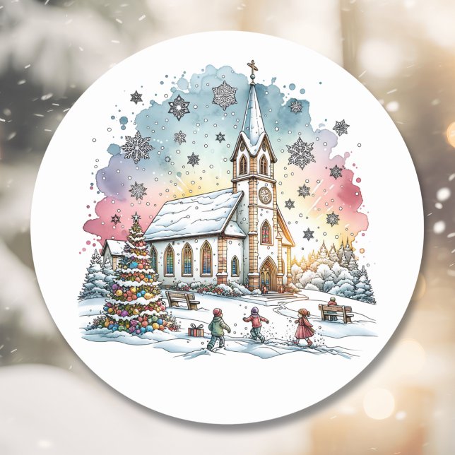 Kids Playing at Church at Christmas Time Classic Round Sticker (Creator Uploaded)