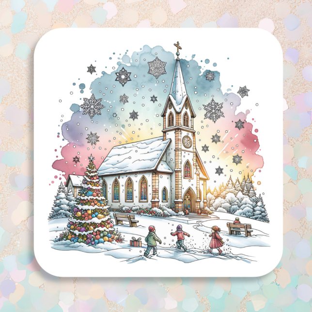 Kids Playing at Church at Christmas Time Square Sticker (Creator Uploaded)