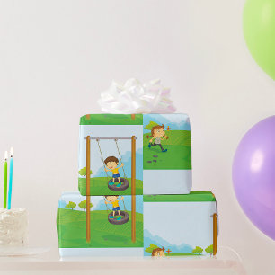 Kids Playing on Tire Swing Wrapping Paper