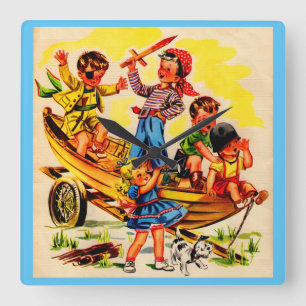 kids playing pirate square wall clock