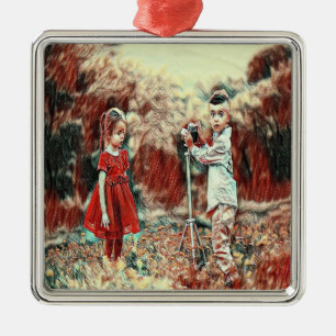 Kids playing with camera metal tree decoration