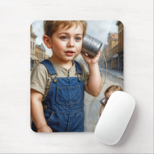 Kids Playing With Retro Tin Can Telephone Mouse Pad
