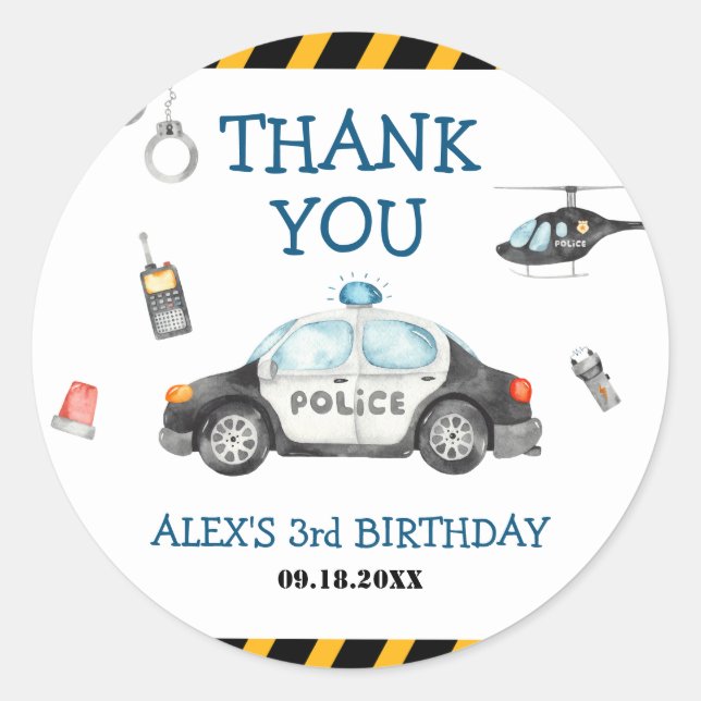Kid's Police Birthday Party Thank You Classic Round Sticker (Front)