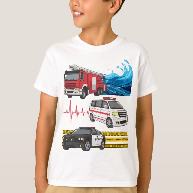 Kids Police Fire Trucks Ambulance Vehicles T-Shirt (Front)