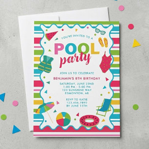 Kids Pool Party Birthday Colourful Summer Swim Invitation
