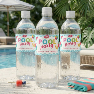 Kids Pool Party Birthday Colourful Summer Swim Water Bottle Label