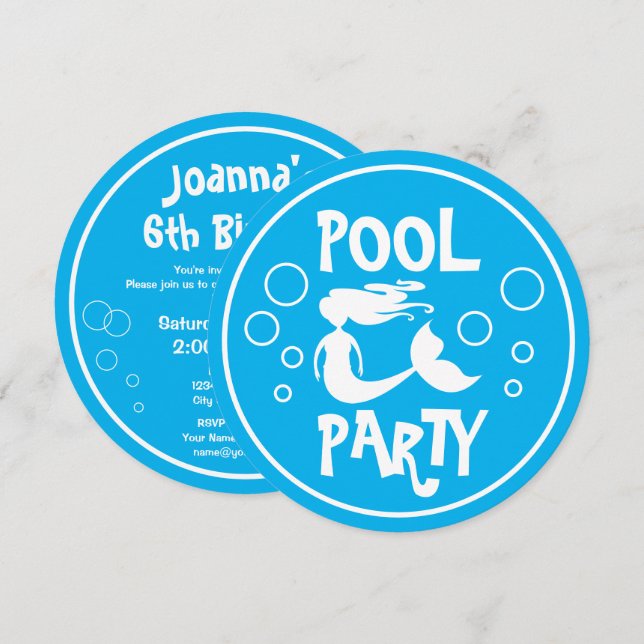 Kid's Pool Party Birthday invitations with mermaid (Front/Back)