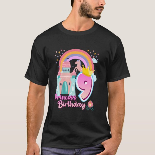 Kids Princess 9th Birthday Horse Rainbow Castle Bi T-Shirt (Front)