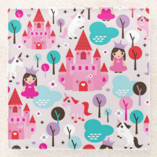 kids princess castle and unicorn glass coaster