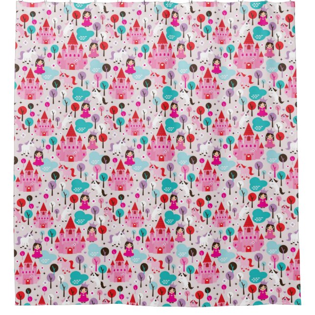 kids princess castle and unicorn shower curtain (Front)