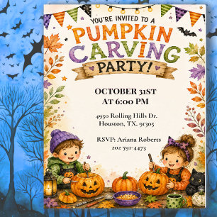 Kids Pumpkin Carving Halloween Party Invitation