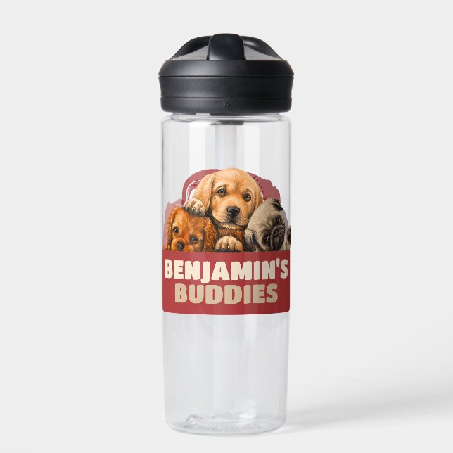 Kid's Puppy Dog Friends Customisable Red Brown Water Bottle (Front)