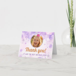 Kids Purple Bubbles Glitter Stars Photo Birthday  Thank You Card
