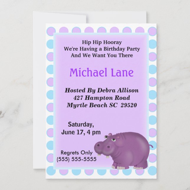 Kids Purple Hippo Birthday  Invitation (Front)