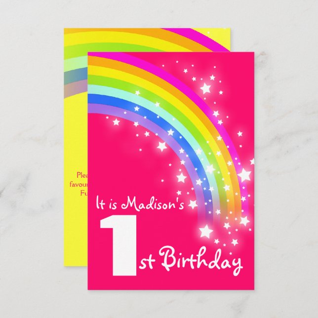 Kids purple rainbow 1st birthday invite (Front/Back)