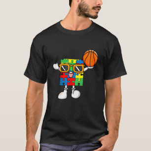 Kids Puzzle Piece Playing Baskeball Autism Awarene T-Shirt