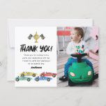 Kids Race Car Birthday Photo Thank You Card<br><div class="desc">Boys racing car birthday thank you cards featuring a simple white background,  4 watercolor race cars,  roads,  chequered flags,  a trophy,  and a modern thank you template that is easy to personalise.</div>