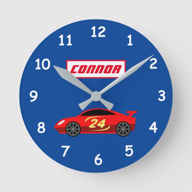 Kid's race car small round clock for boy's bedroom (Front)