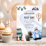 Kids Race Car Themed First Birthday Party Invitation<br><div class="desc">Start your engines, it's party time! 🏁 Our racing-themed first birthday party invitations will bring the thrill of the race track right to your mailbox. Featuring watercolor images of red & blue race cars, a speed sign with the number one, and a racing track backdrop, they're sure to make your...</div>