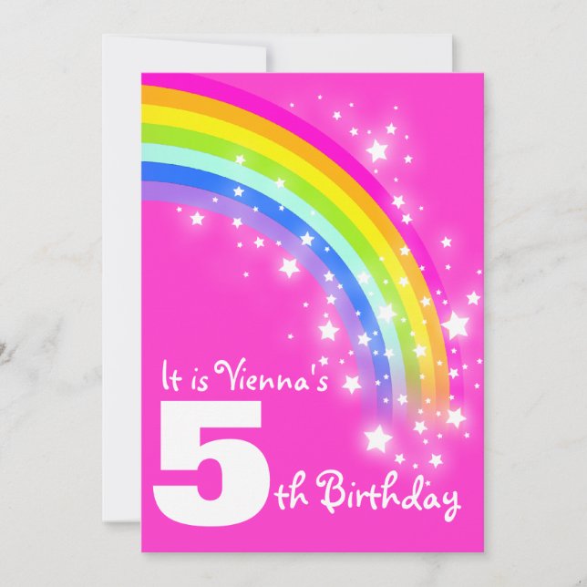 Kids rainbow 5th birthday pink birthday invite (Front)