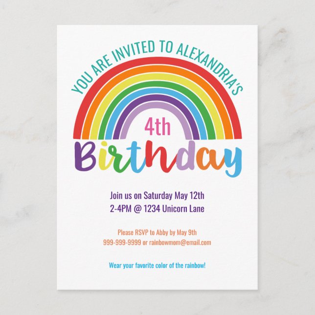 Kids Rainbow Birthday Party Colourful Girls Pretty Invitation Postcard (Front)