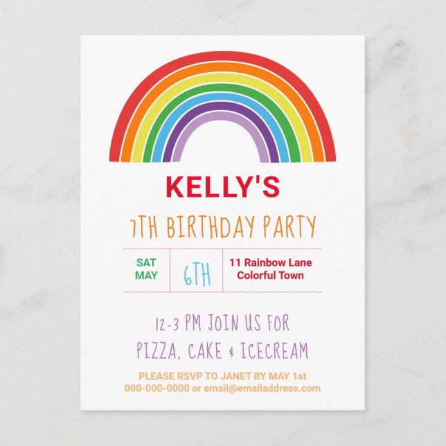 Kids Rainbow Birthday Party Colourful Girls Pretty Invitation Postcard (Front)