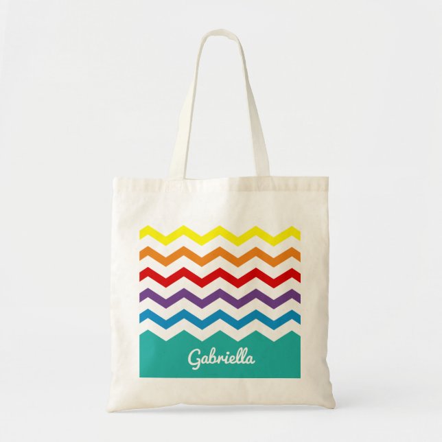 Kids Rainbow Chevron Colourful Pretty Personalised Tote Bag (Front)